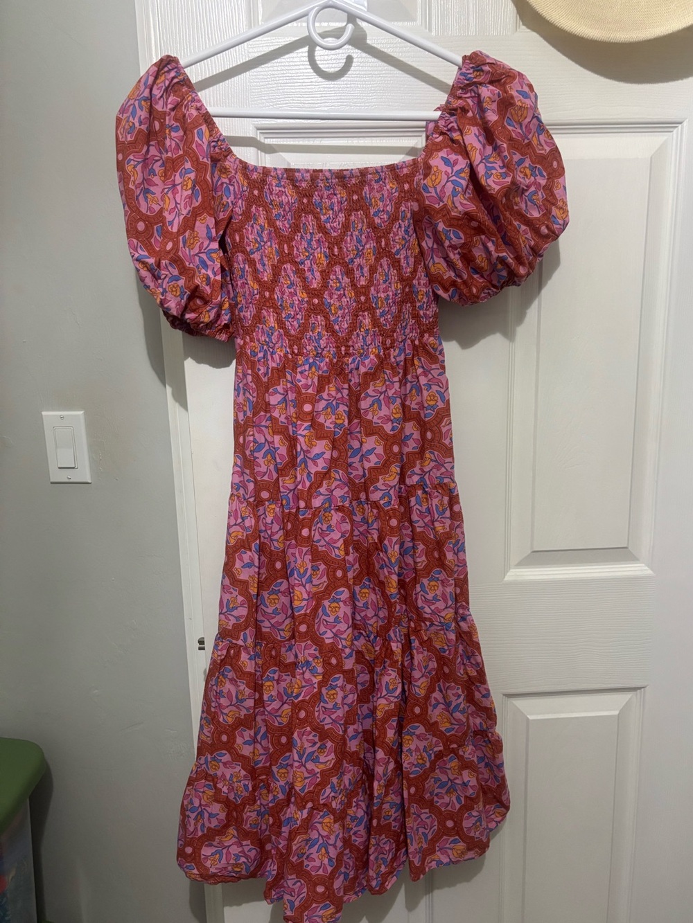 Avara Smocked Puff-Sleeve Midi Dress in Floral Rust Pink